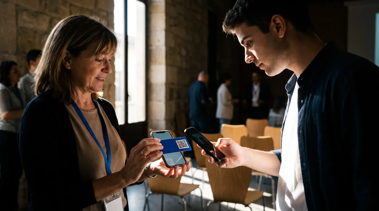 Una técnica municipal con acreditación enseña el QR de su tarjeta a un joven emprendedor que lo escanea